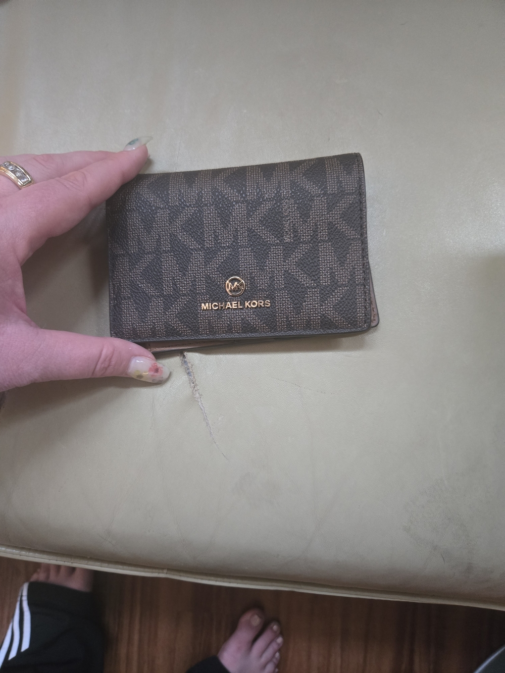 Michael Kors Brown Signature MK Compact Wallet with Gold Logo